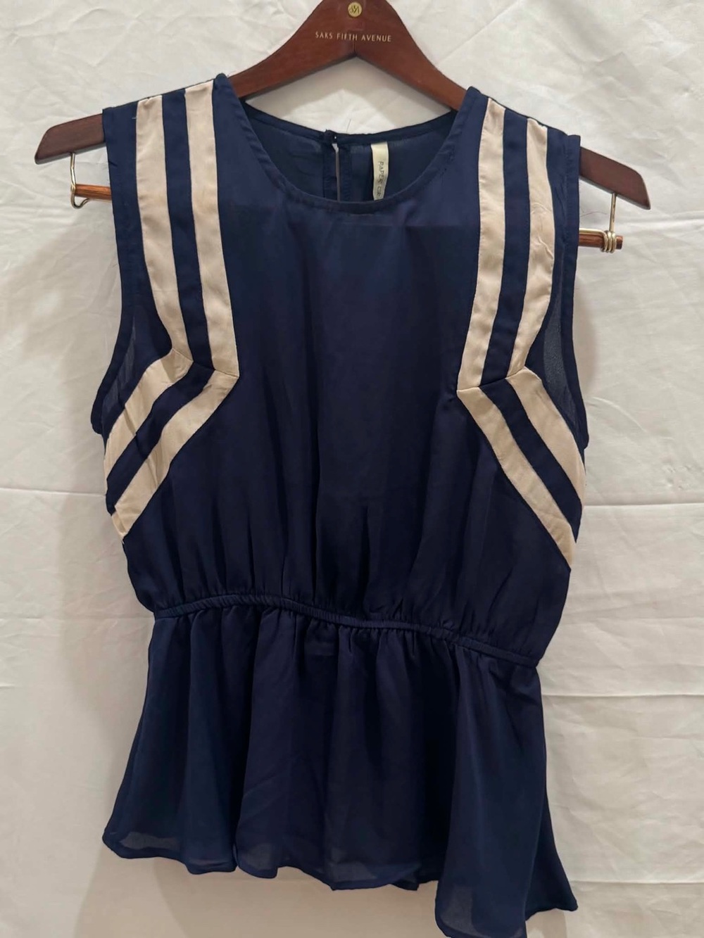 Paper Crane Women Navy Sleeveless Peplum Top with white Stripes M